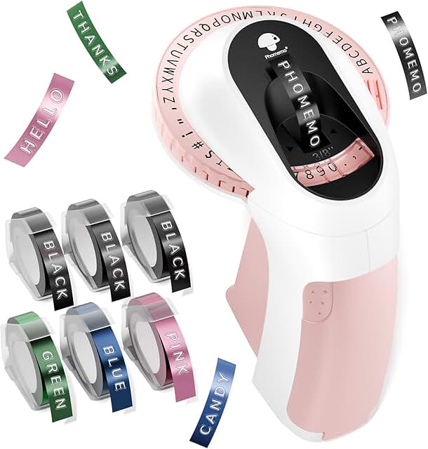 Retro Embossed Label Maker with 6 Rolls, Waterproof, Pink