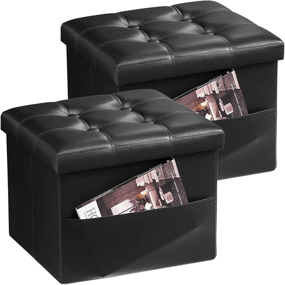 Set of two small black leather storage footstools with side pockets