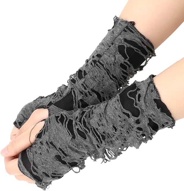 Pair of Gothic Fingerless Gloves with Ripped Design