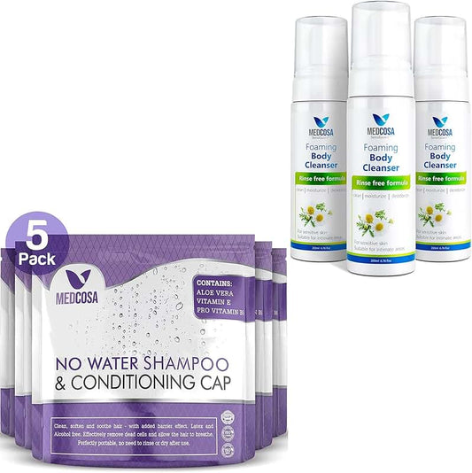 Five No Water Shampoo Caps and Three Foaming Body Cleansers Bundle