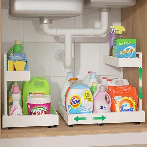 Expandable 2-Tier Under Sink Organizer, Adjustable, White, 2 Pack