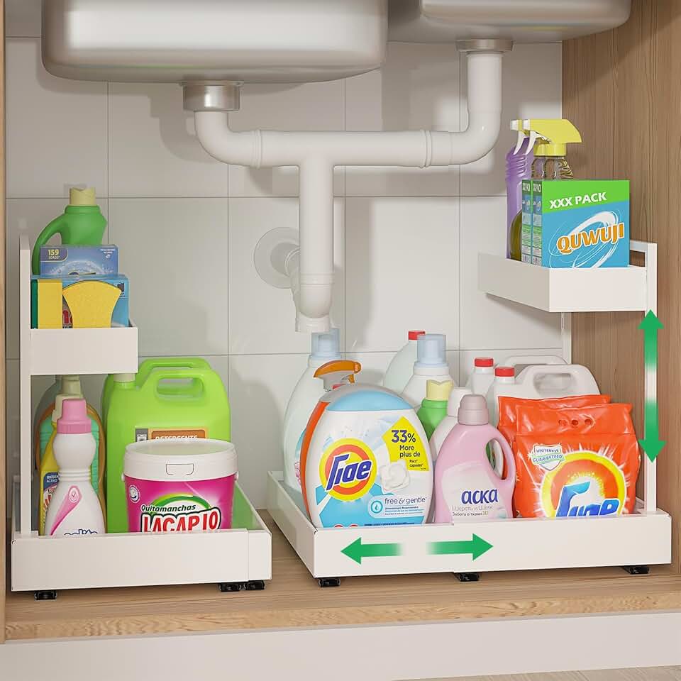 Expandable 2-Tier Under Sink Organizer, Adjustable, White, 2 Pack