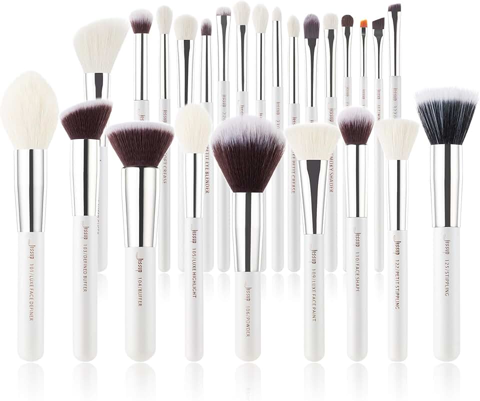 25-Piece Professional Makeup Brush Set in Pearl White and Silver