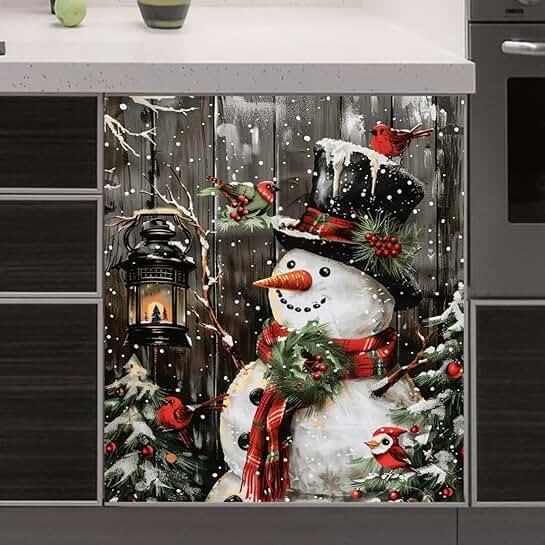 Christmas Snowman and Bird Magnet Cover for Dishwasher