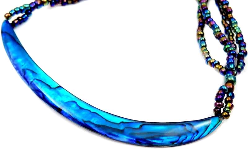Handmade Crescent Abalone Necklace with Rainbow Beads