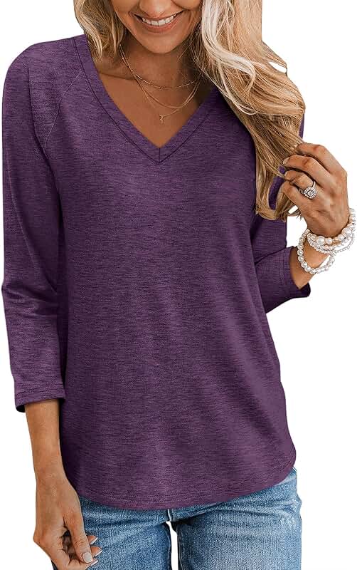 Women's V Neck 3/4 Sleeve Casual Summer T-Shirt