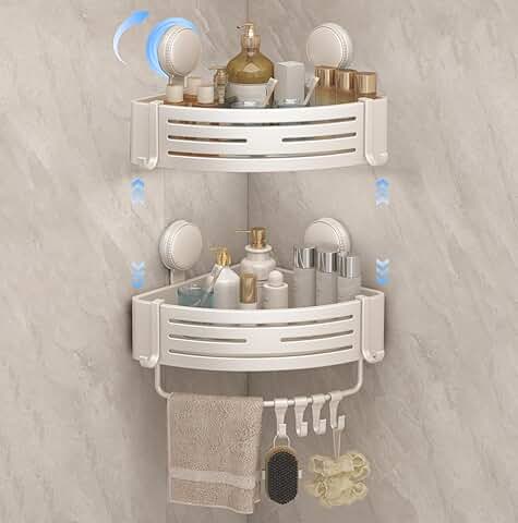 Adjustable Corner Shower Caddy with Hooks and Towel Bar (2-Pack)