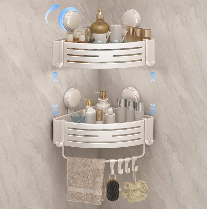 Adjustable Corner Shower Caddy with Hooks and Towel Bar (2-Pack)