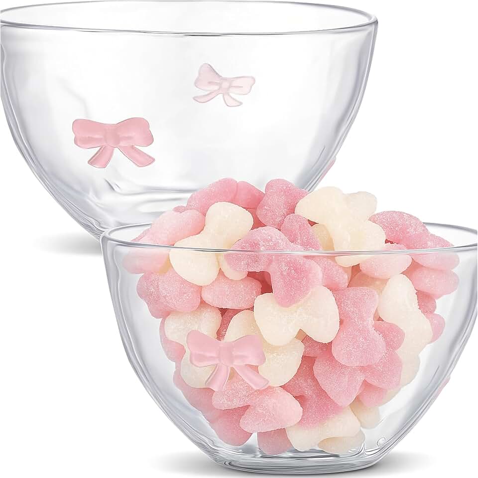 Pink Bow Glass Salad and Mixing Bowls Set of Two
