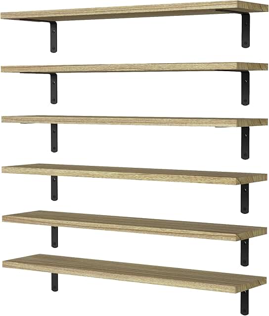 Set of 6 24-Inch Wooden Floating Shelves for Wall Decor