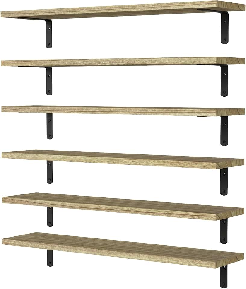 Set of 6 24-Inch Wooden Floating Shelves for Wall Decor
