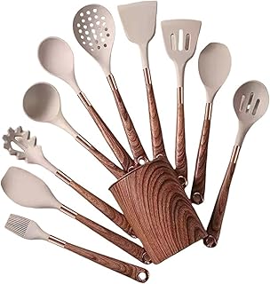 10-piece kitchen utensil set with silicone and wood handles