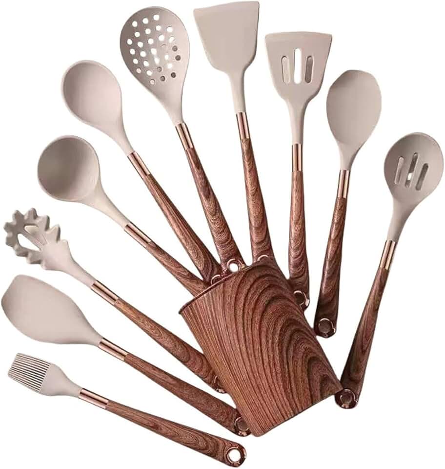 10-piece kitchen utensil set with silicone and wood handles