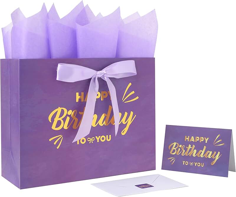 Large purple gift bag set with greeting card and tissue paper