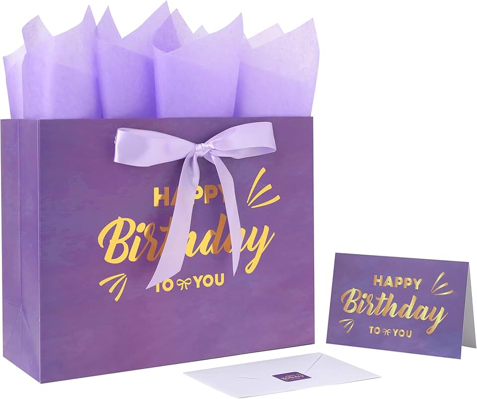 Large purple gift bag set with greeting card and tissue paper