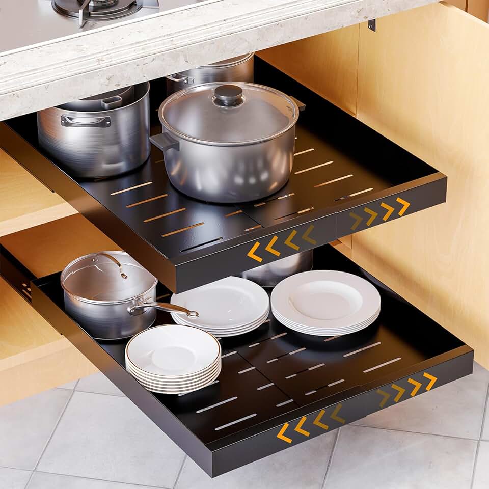 Expandable pull-out cabinet organizer for kitchen storage