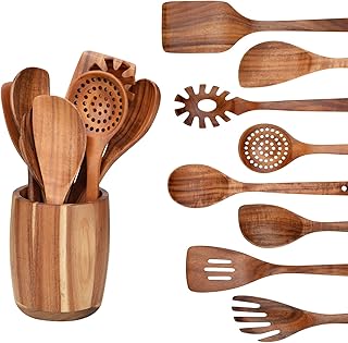 Set of 9 Wooden Kitchen Utensils for Cooking