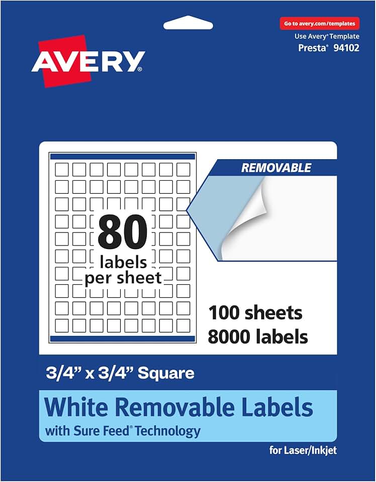 Matte White Removable Square Labels, 3/4" x 3/4", 8,000