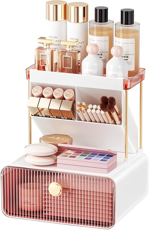Pink Makeup Organizer with Drawers and Shelves