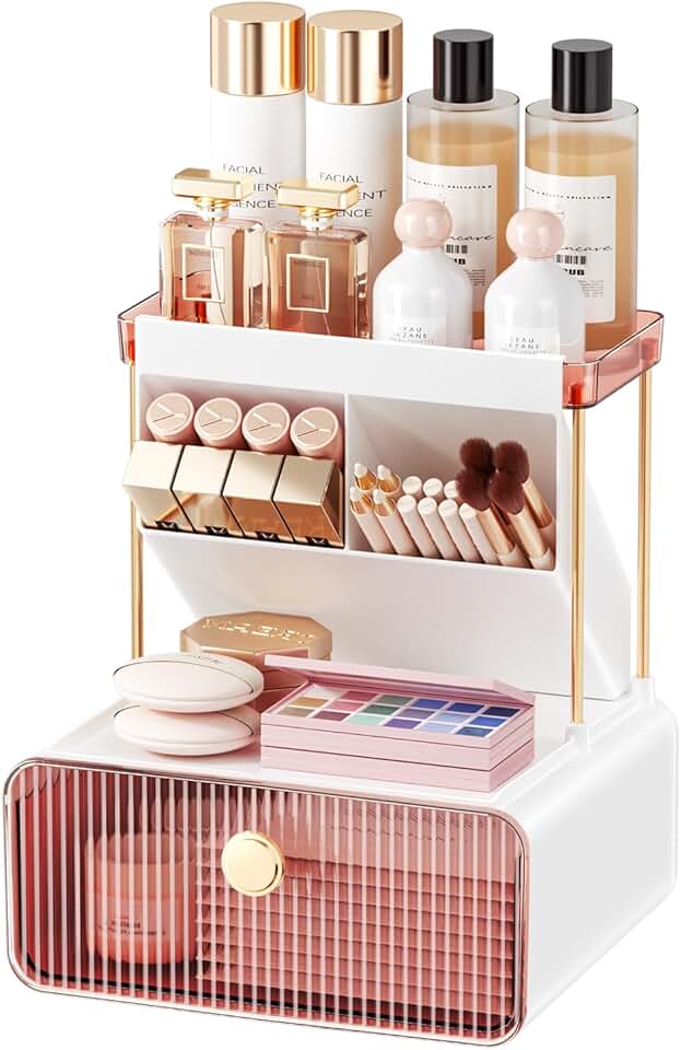 Pink Makeup Organizer with Drawers and Shelves