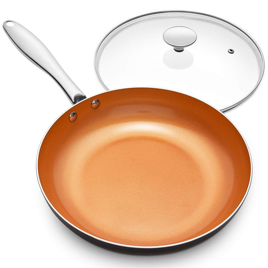 11 Inch Frying Pan with Lid, Copper Frying Pan with Ultra Nonstick Titanium Coating, Nonstick Copper Skillet 11 Inch, Copper Pans, Ceramic Frying Pans, Induction Compatible  11Inch
