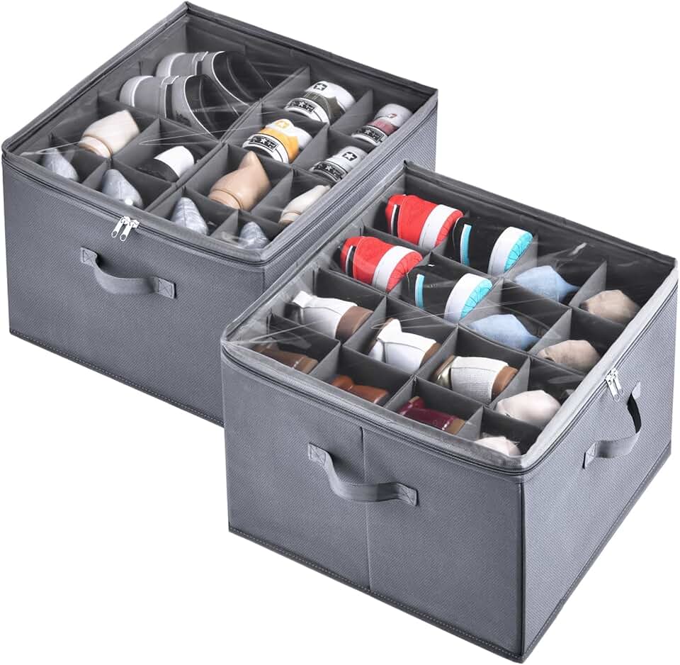 Two Shoe Storage Bins with Adjustable Dividers