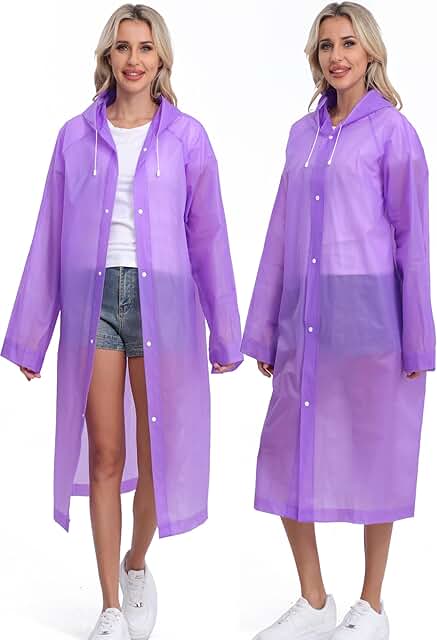 Two Reusable Rain Ponchos for Adults with Drawstring and Sleeves