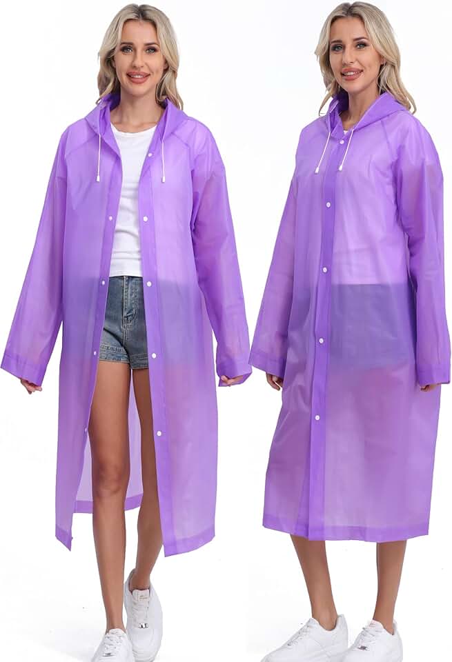 Two Reusable Rain Ponchos for Adults with Drawstring and Sleeves