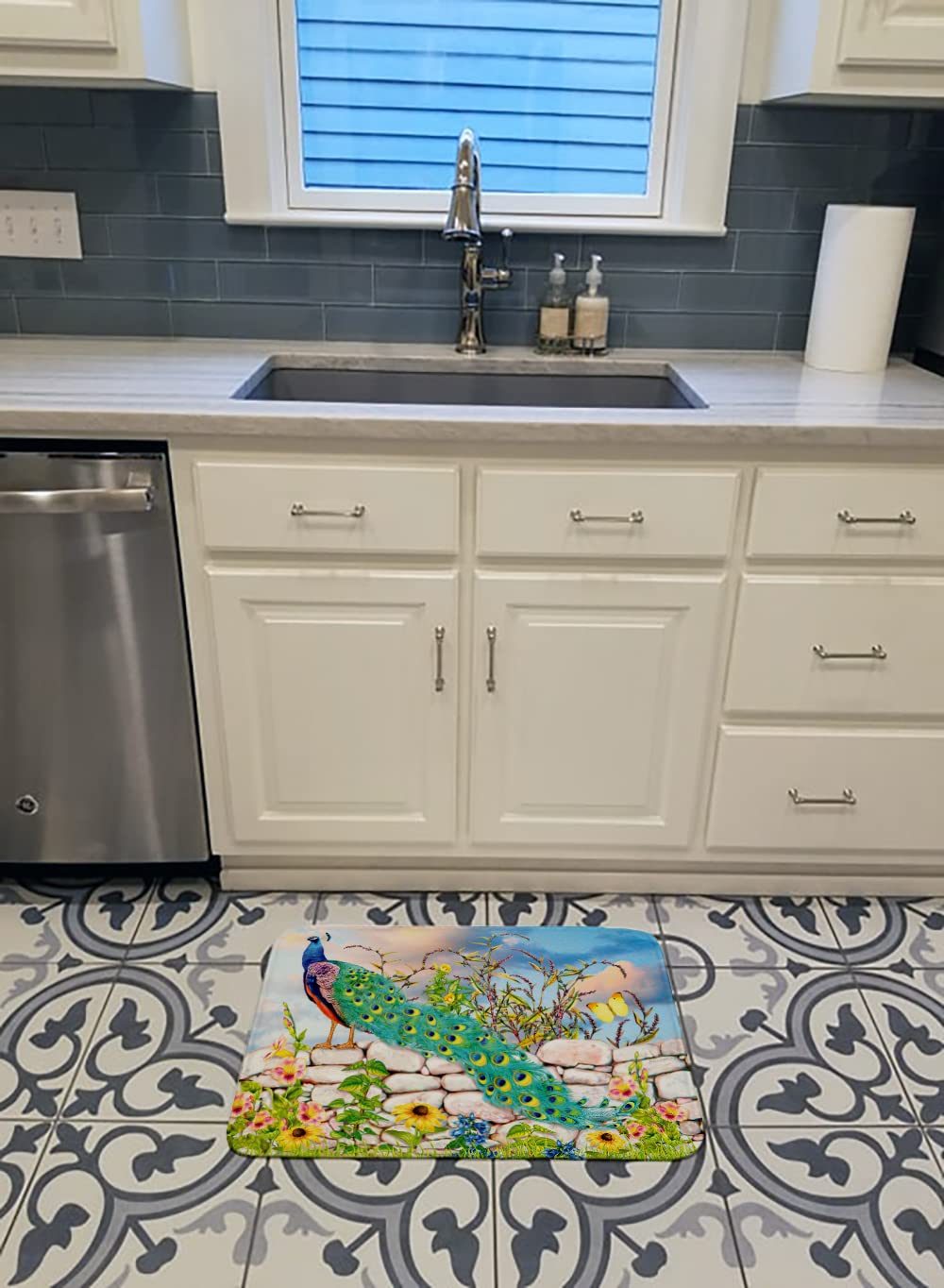 PRS4040RUG Proud Peacock Bath Mat Machine Washable Anti-Fatigue Memory Foam Kitchen Rug, 19 X 27, Multicolor