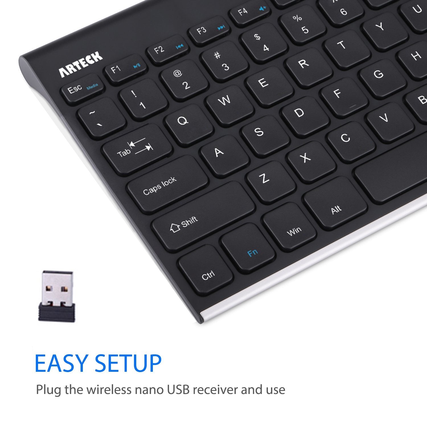 2.4G Wireless Keyboard Stainless Steel Ultra Slim Keyboard for Computer/Desktop/PC/Laptop/Surface/Smart TV and Windows 10/8 / 7 / Vista/XP Built in Rechargeable Battery