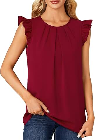 Women's Ruffle Sleeveless Round Neck Pleated Chiffon Top