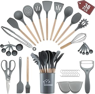 38-Piece Silicone Cooking Utensil Set with Wooden Handles