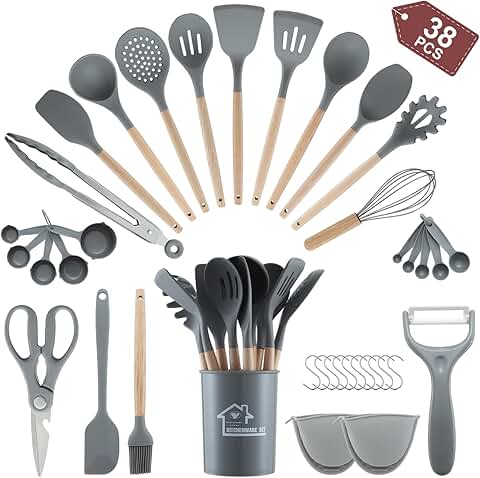 38-Piece Silicone Cooking Utensil Set with Wooden Handles