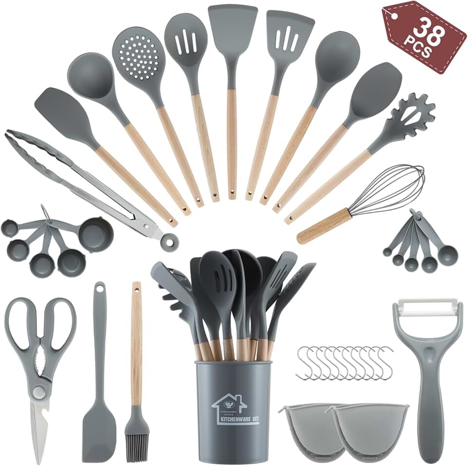 38-Piece Silicone Cooking Utensil Set with Wooden Handles