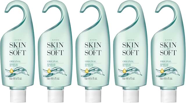 Five bottles of Skin So Soft Original Shower Gel with Jojoba Oil