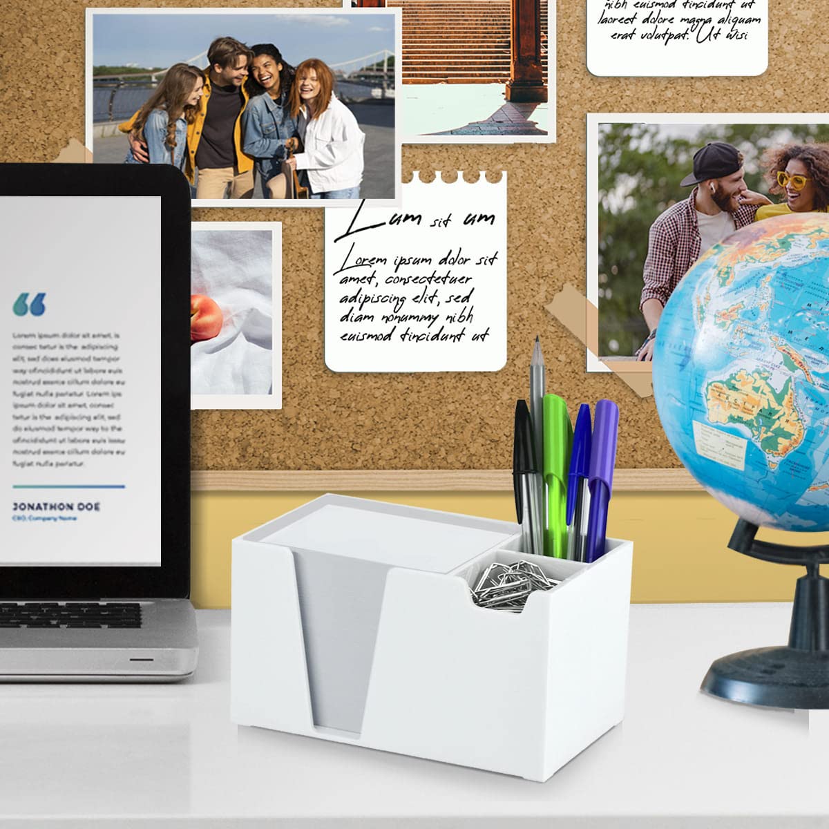 White plastic desktop organizer for pens, paper, and clips