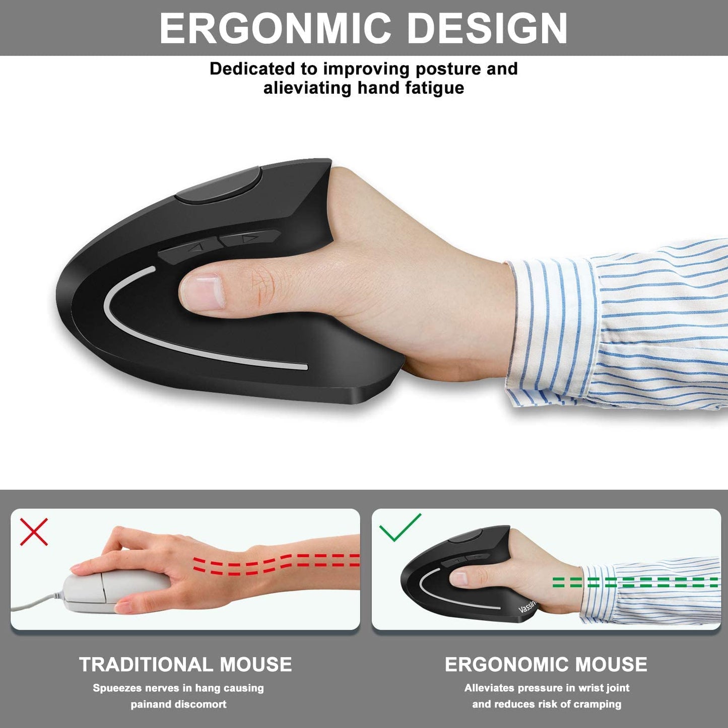 Ergonomic Mouse, Rechargeable Wireless Mouse, 2.4GHz Rechargeable Wireless Vertical Optical Mice with USB Receiver, 6 Buttons, 800/1200/1600 DPI, for Laptop, PC, Computer Black
