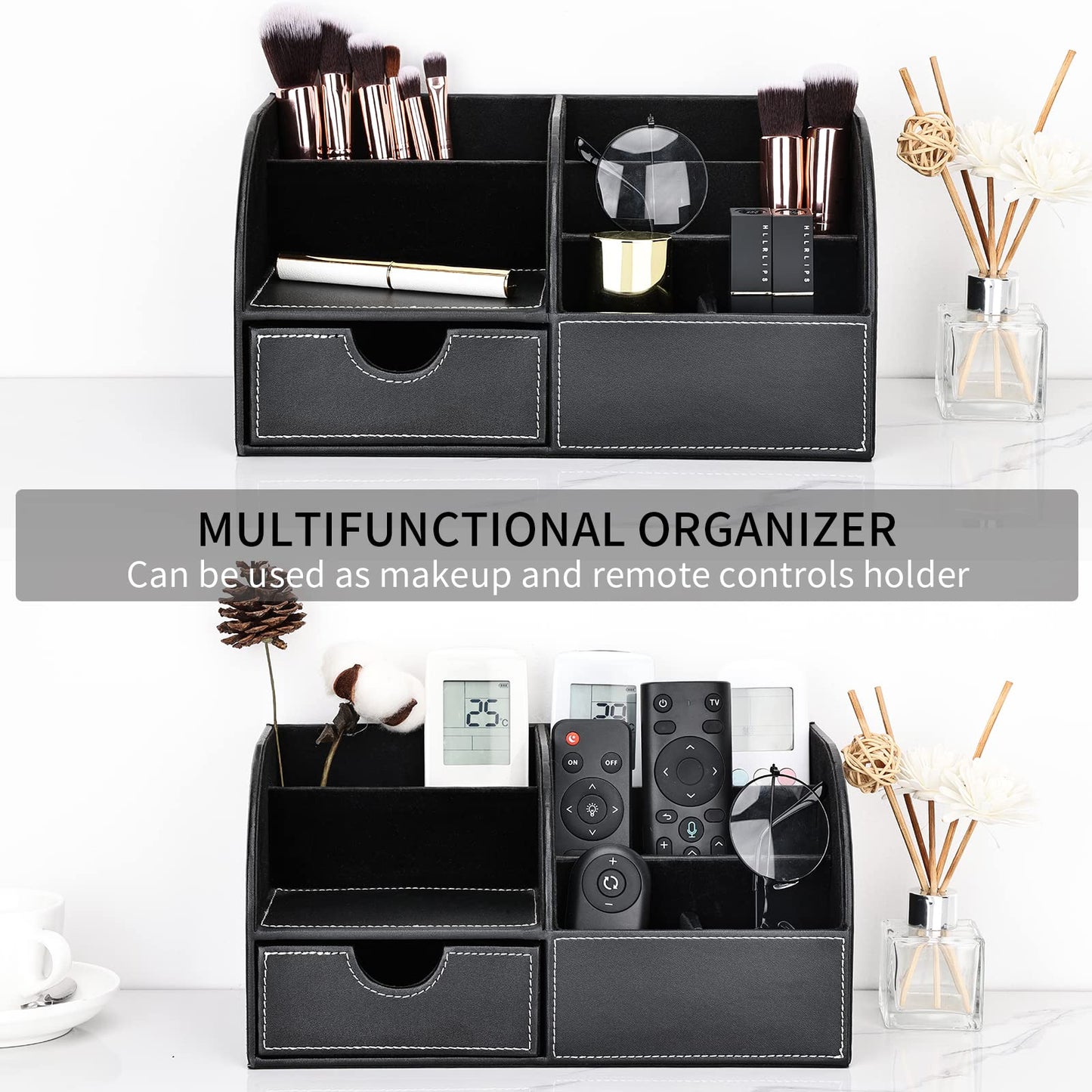 Black PU Leather Desk Organizer with 6 Compartments