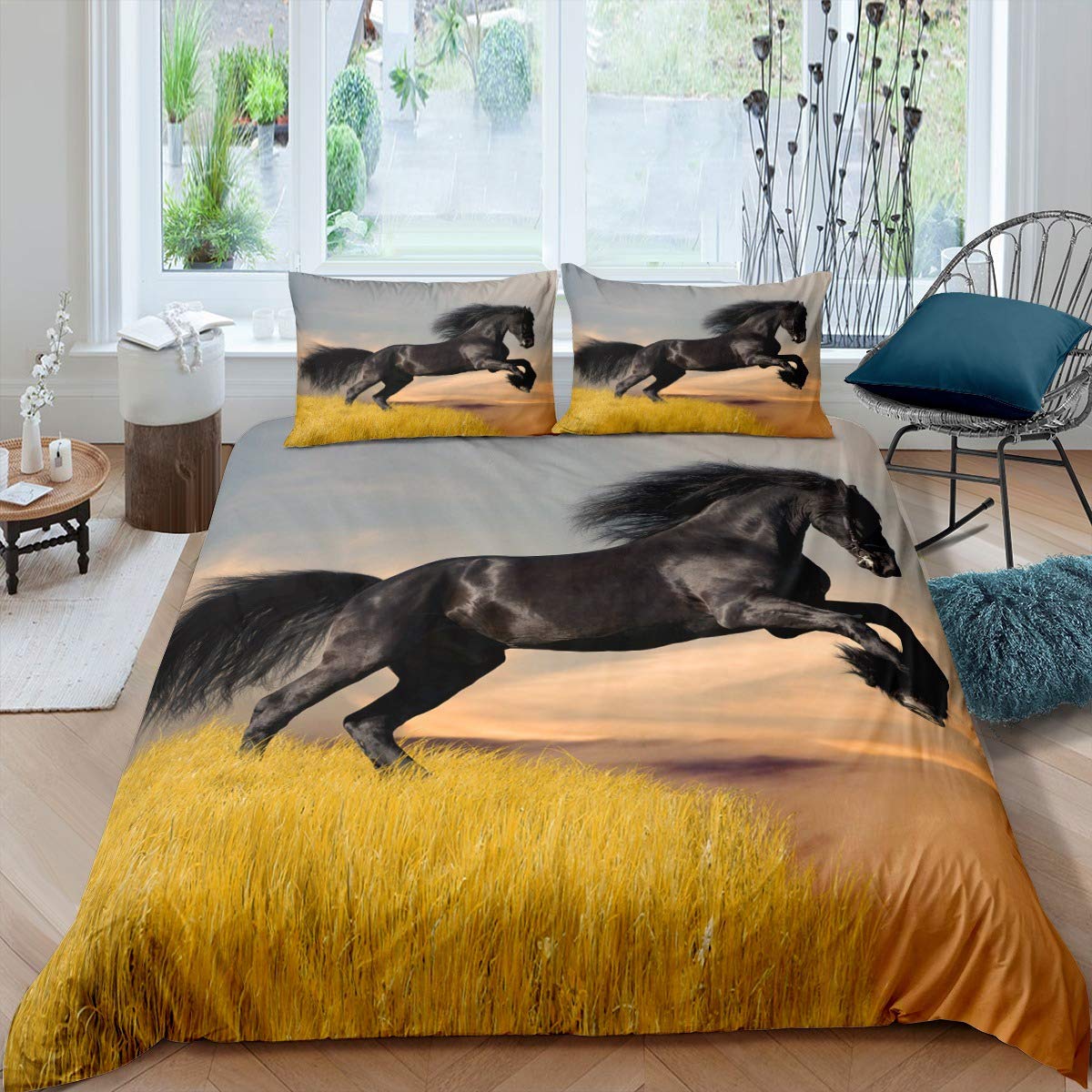 Black Horse Duvet Cover Set Queen for Kids Boys 3D Running Wild Horses Print Bedding Set Adult Animals Horse Decorative 3 Piece Modern Comforter Cover Brown Black with 2 Pillow Shams Zipper&Ties