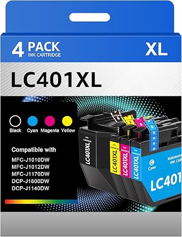 LC401XL Ink Cartridges for Brother Printers, 4 Pack