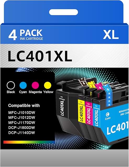 LC401XL Ink Cartridges for Brother Printers, 4 Pack