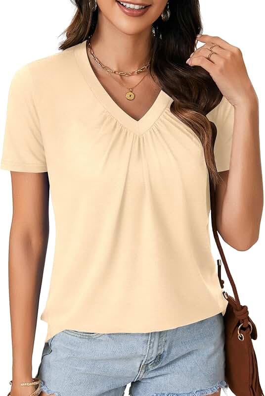 Women's Cotton Ruched V-Neck Short Sleeve Fitted Top