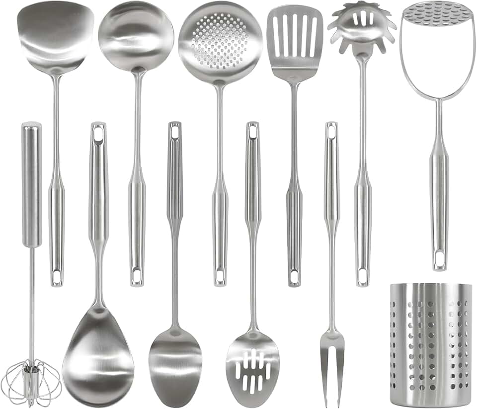 12-piece stainless steel kitchen utensil set with holder