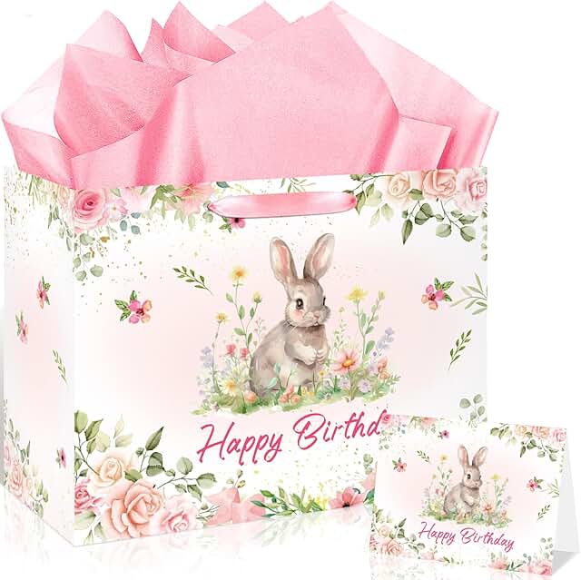 Pink Floral Bunny Gift Bag for Birthdays and Parties