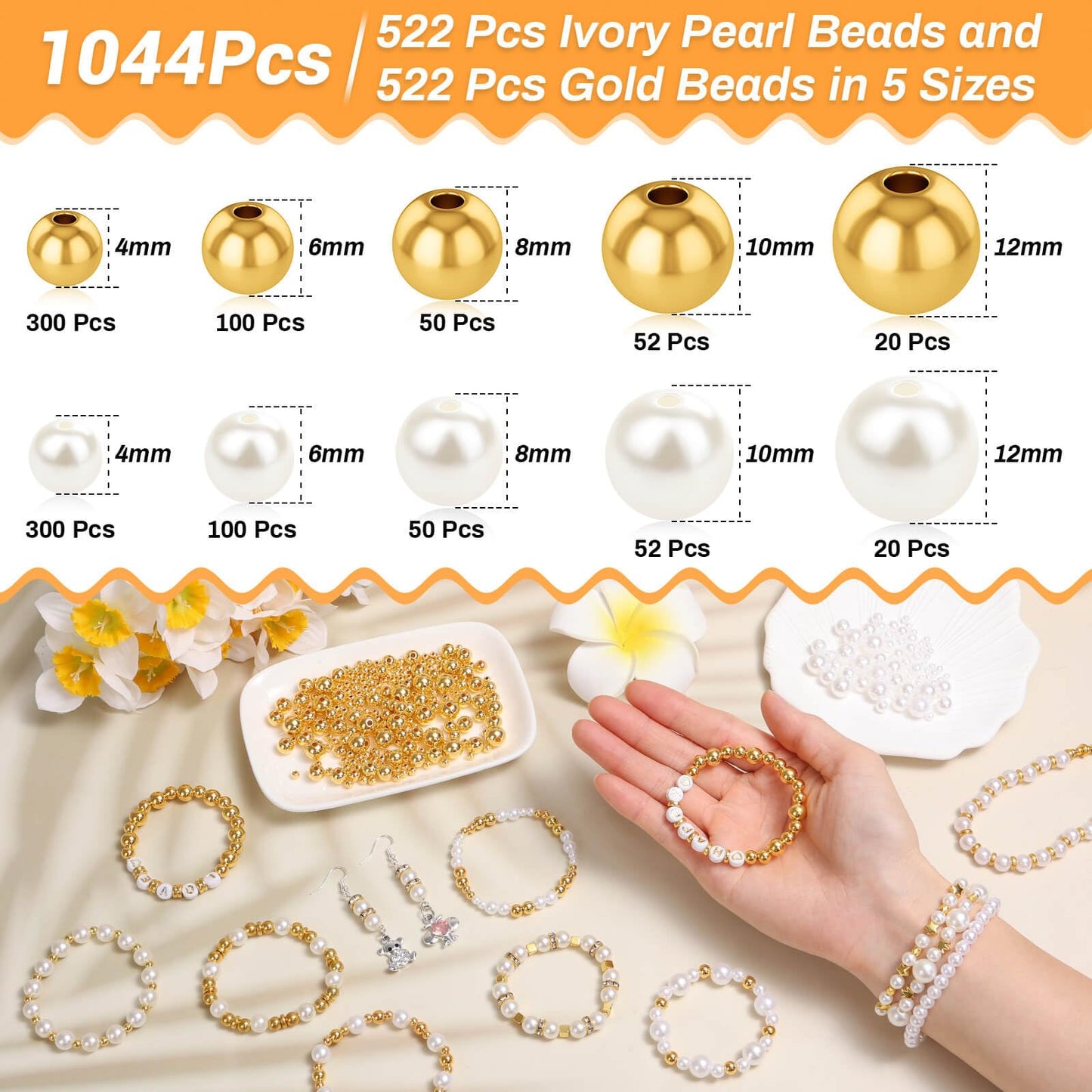 Pearl and Gold Beads for Jewelry Making, 1048 Pieces