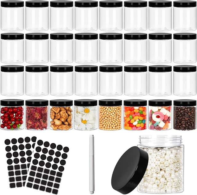 8 oz Clear Plastic Jars with Black Lids, 40 Pack