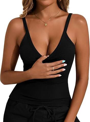 Women’s Ribbed V-Neck Spaghetti Strap Tank Top