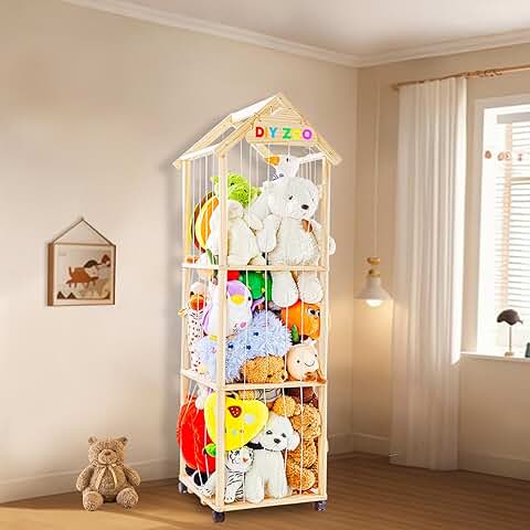 Wooden Stuffed Animal Storage with Adjustable Length and Swivel Wheels