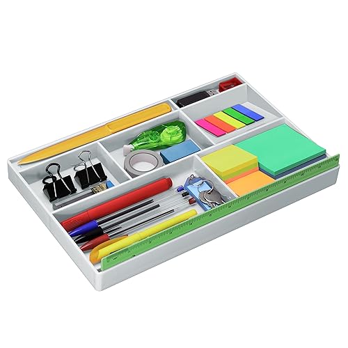 White plastic desk drawer organizer with 8 compartments