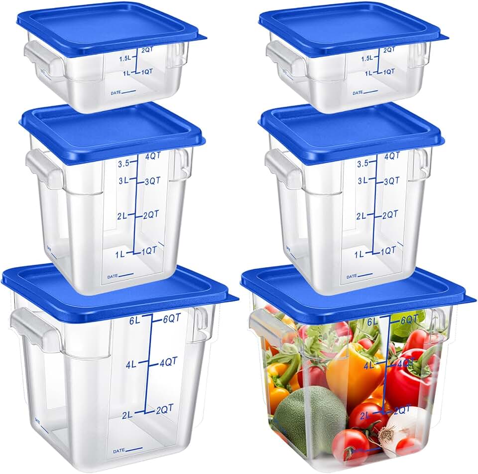 Six Square Food Storage Containers with Lids, Clear, 2-6 Qt
